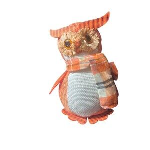 Autumn Fall Owl Plush 9" Straw Fabric Decor – Rustic Orange Brown Thanksgiving